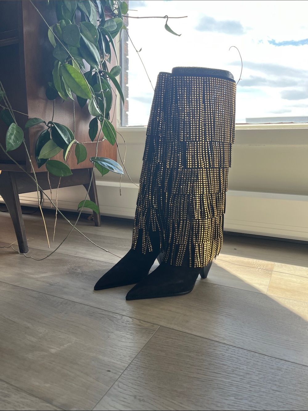 MICHAEL Michael Kors Embellished Fringe Knee Boots in Black & Gold